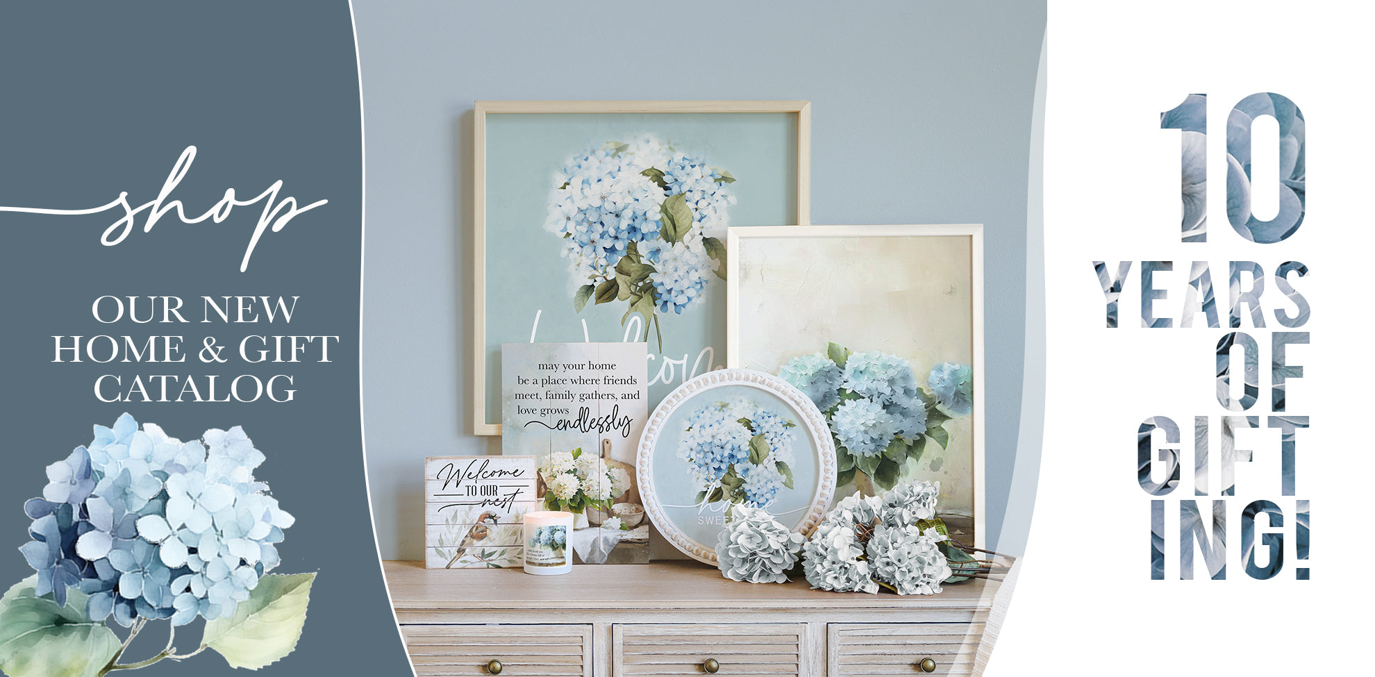 Home decor items with floral arrangements on a wooden cabinet against a light blue wall.